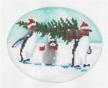 Penguins Oval ~ Mom, Dad & Baby Penguin Bringing Home the Christmas Tree  handpainted Needlepoint Oval Ornament Scott Church