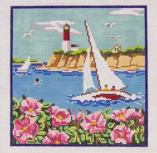 Canvas ~ Sailboat, Lighthouse & Cape Roses New England handpainted  Needlepoint CanvasMBM