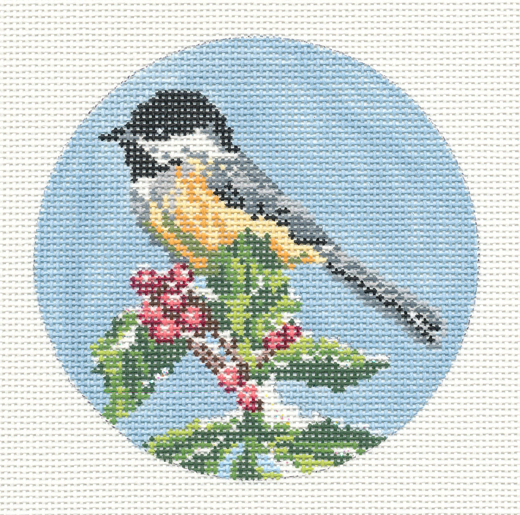 Medium: Hand painted needlepoint canvas of online birds on a branch