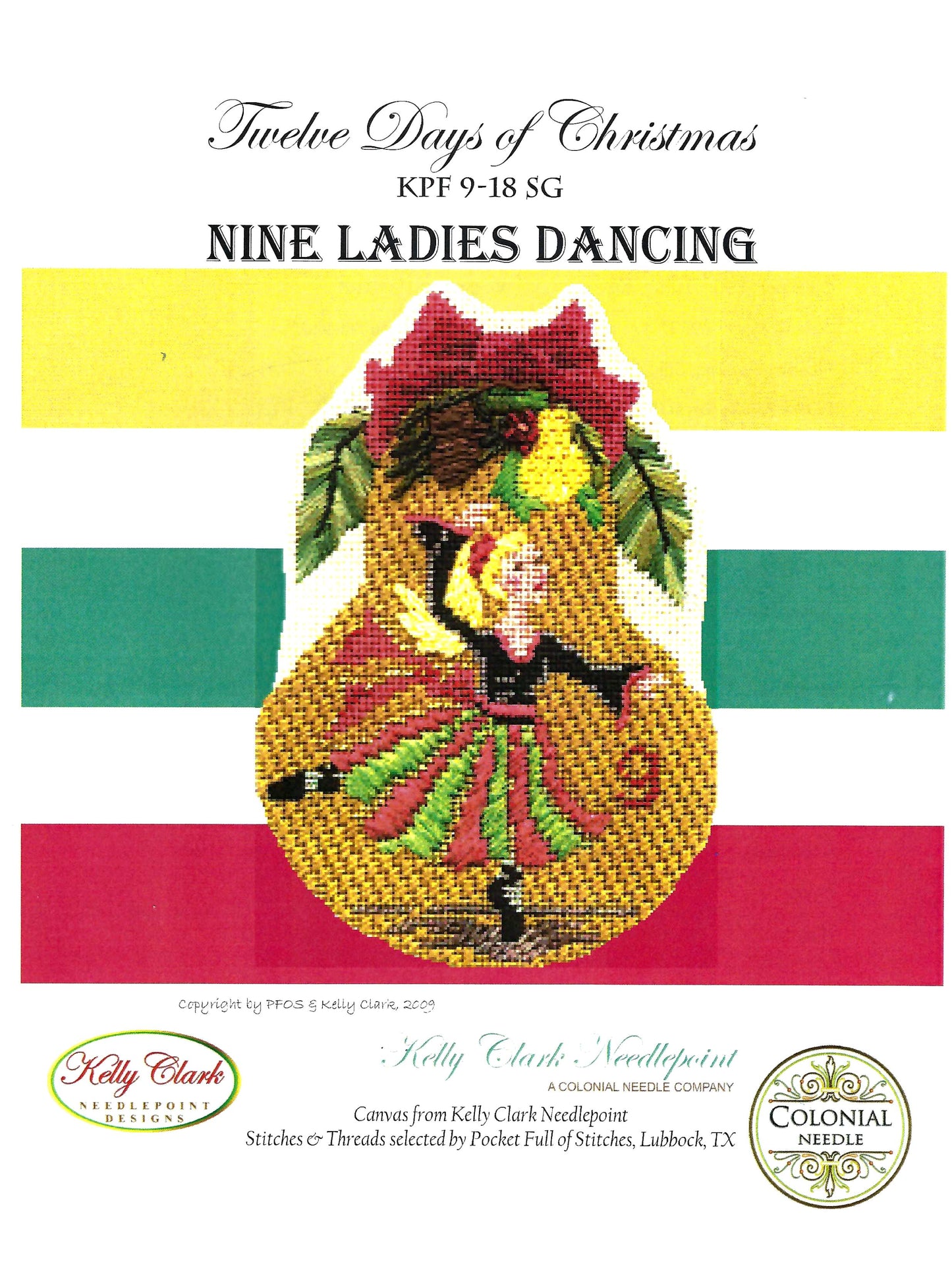 Kelly Clark Christmas Pear ~ 9 Ladies Dancing Pear & STITCH GUIDE on 18 mesh handpainted Needlepoint Ornament Kelly Clark (Copy)