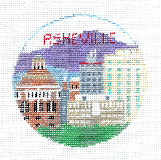 Travel Round ~ ASHEVILLE, NORTH CAROLINA  18 Mesh 4" Round handpainted Needlepoint Canvas by Kathy Schenkel (Copy)