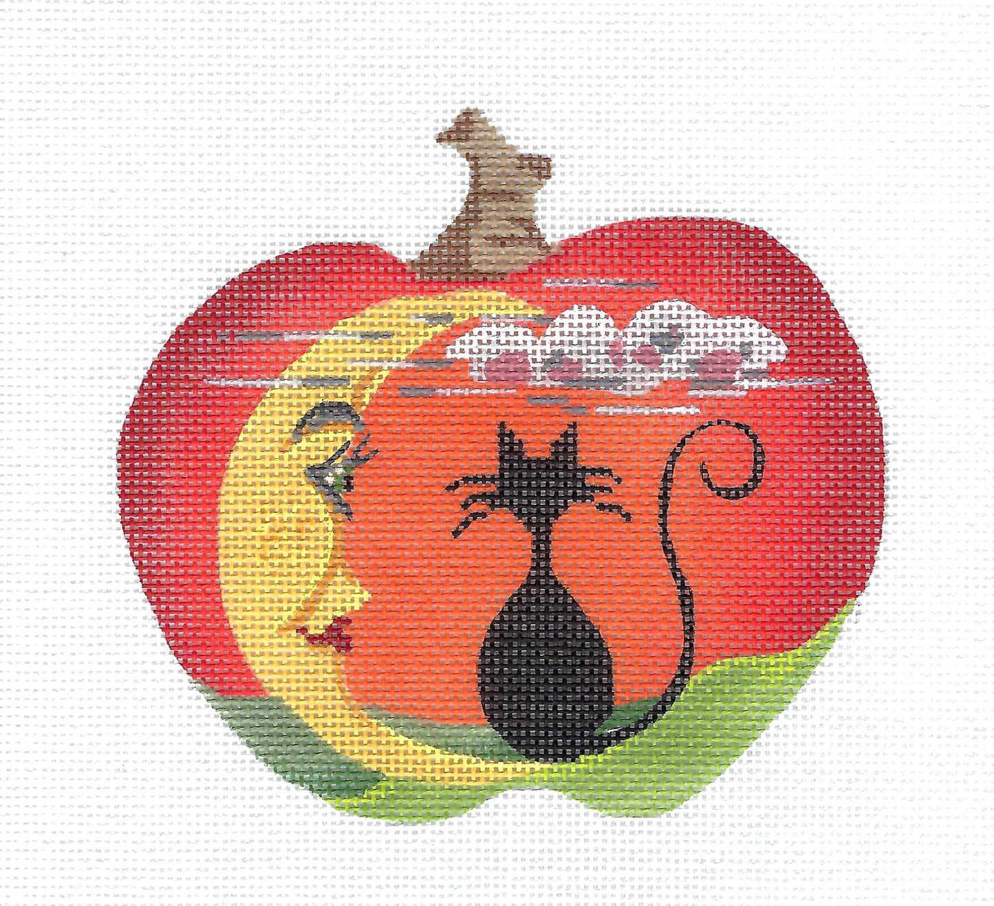 Black Cat & the Moon on a Pumpkin handpainted 18 Mesh Needlepoint Ornament Canvas by Kelly Clark