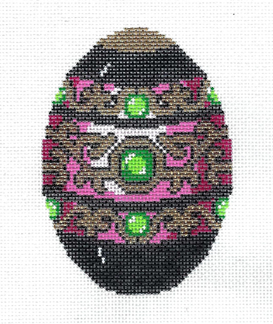 Faberge Egg ~ *EXCLUSIVE* Black, Emerald & Gold Jeweled Faberge EGG handpainted Needlepoint Canvas Ornament by LEE