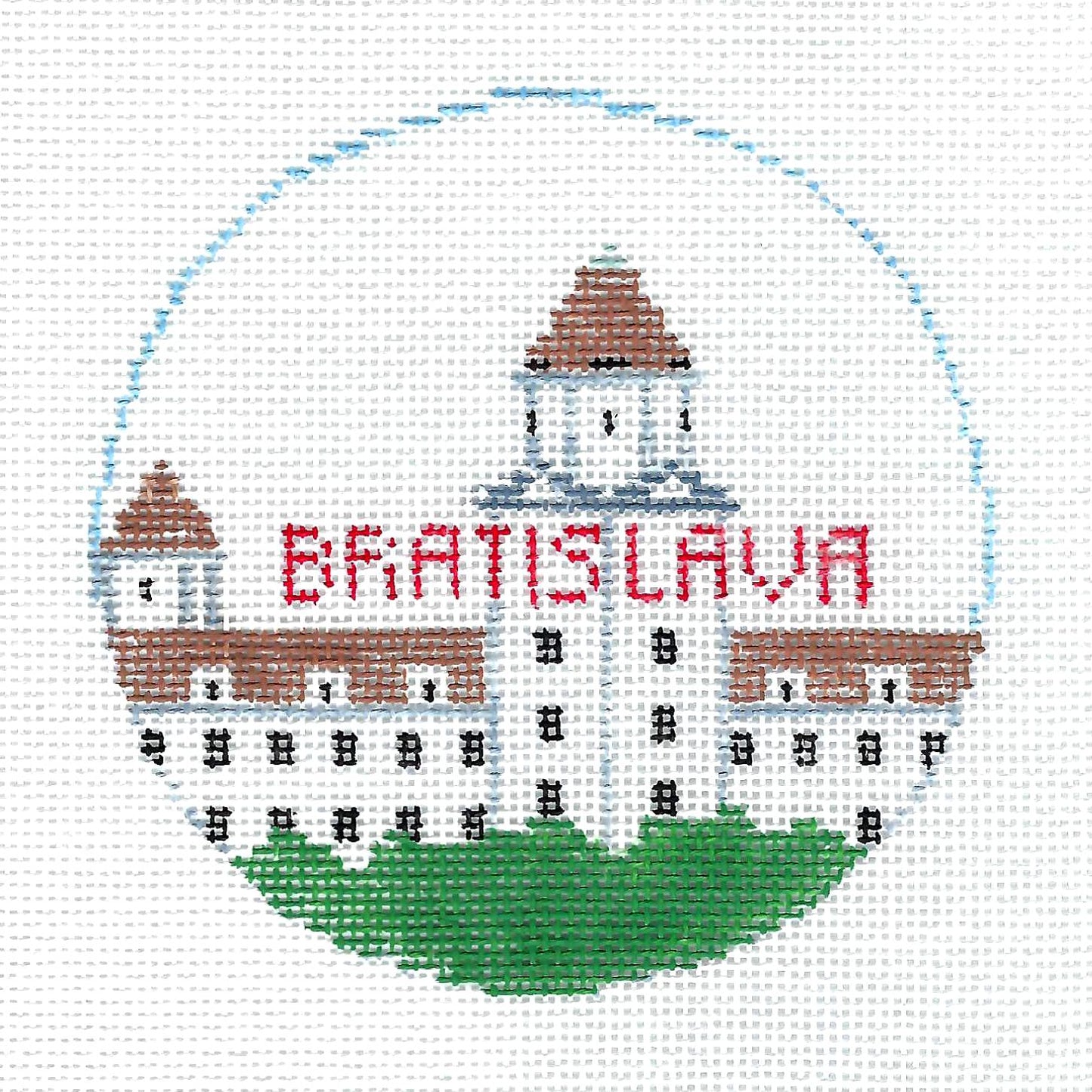 Travel Round ~ Bratislava, Slovakia  4" Round handpainted Needlepoint Canvas by Kathy Schenkel