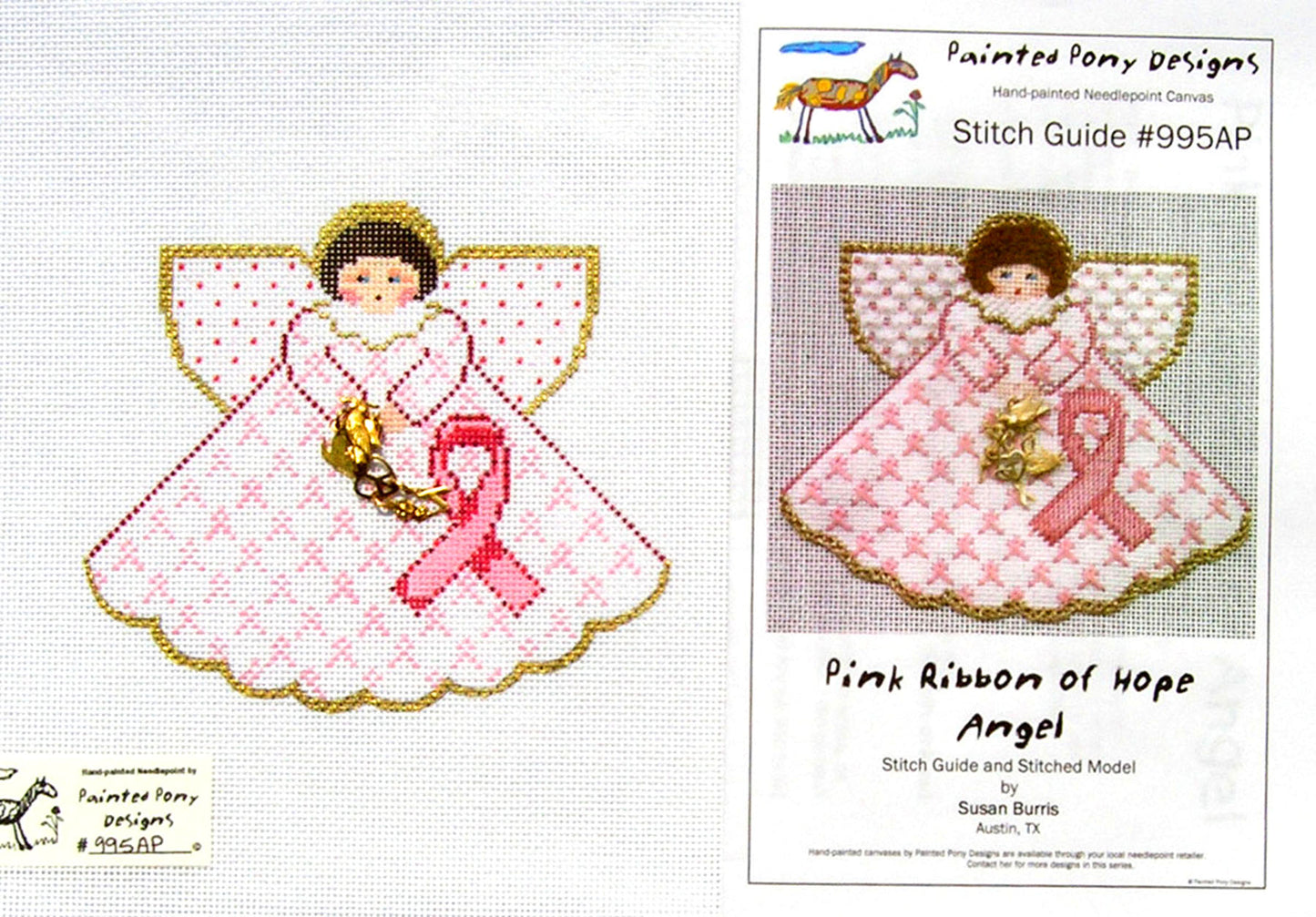 Angel ~ Pink Breast Cancer Awareness Angel handpainted 18 Mesh Needlepoint Canvas & STITCH GUIDE by Painted Pony