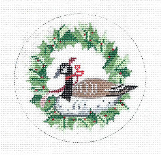 Bird ~ Canada Goose in Holly Wreath 4" Ornament handpainted 18 Mesh Needlepoint Canvas by MM Designs