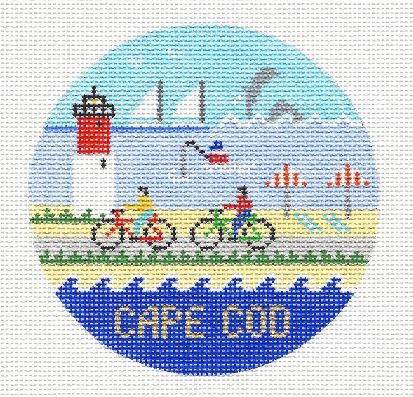 Travel Round ~ CAPE COD, MASSACHUSETTS handpainted 18 Mesh Needlepoint 4" Rd. Ornament by Doolittle