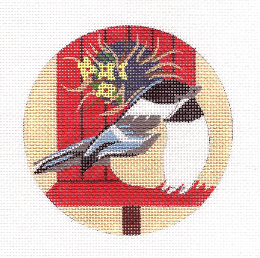 Bird Round ~ Chickadee Bird with Bird House handpainted 4" Rd. Needlepoint Ornament Canvas by Melissa Prince