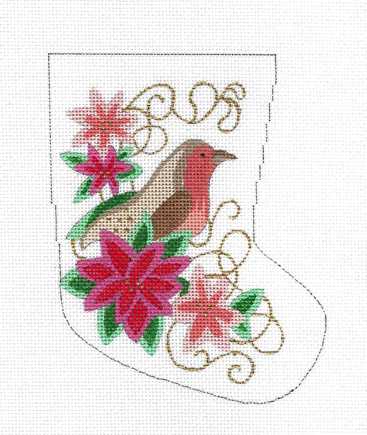 Christmas Partridge Bird & Poinsettias Mini Stocking Ornament 18 Mesh handpainted Needlepoint Canvas from CBK