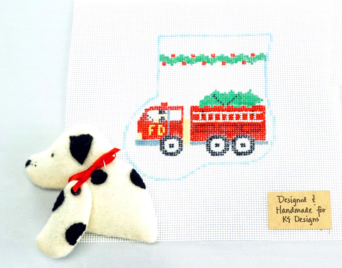 Canvas SET ~ Christmas Fire Engine & Felt Dog handpainted Needlepoint Needlepoint Mini Stocking SET by Kathy Schenkel