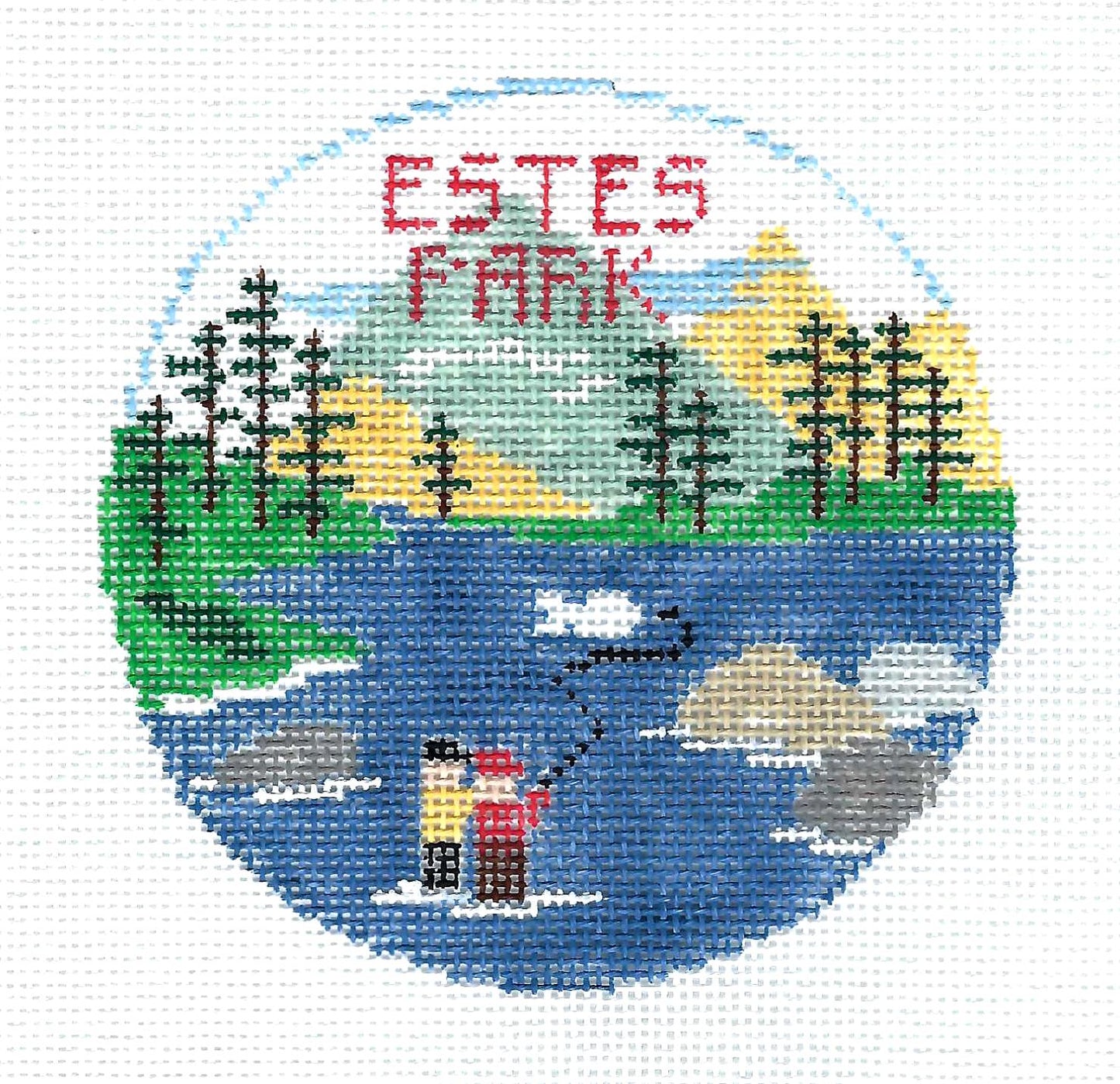 Travel Round ~ Estes Park, Colorado  4" Rd. 18 mesh handpainted Needlepoint Canvas Ornament by Kathy Schenkel