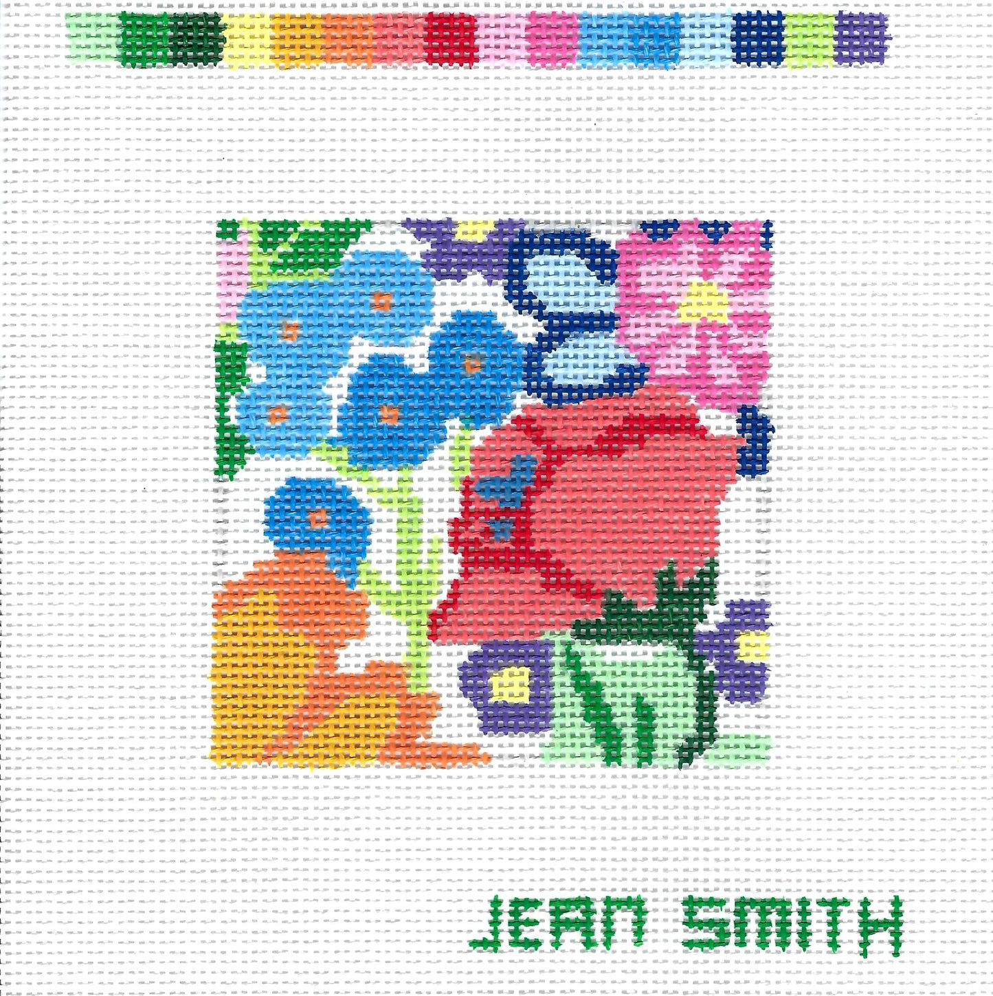 Coaster ~ Garden Treasures #12,  4" Sq. Coaster handpainted 13 Mesh Needlepoint Canvas Jean Smith