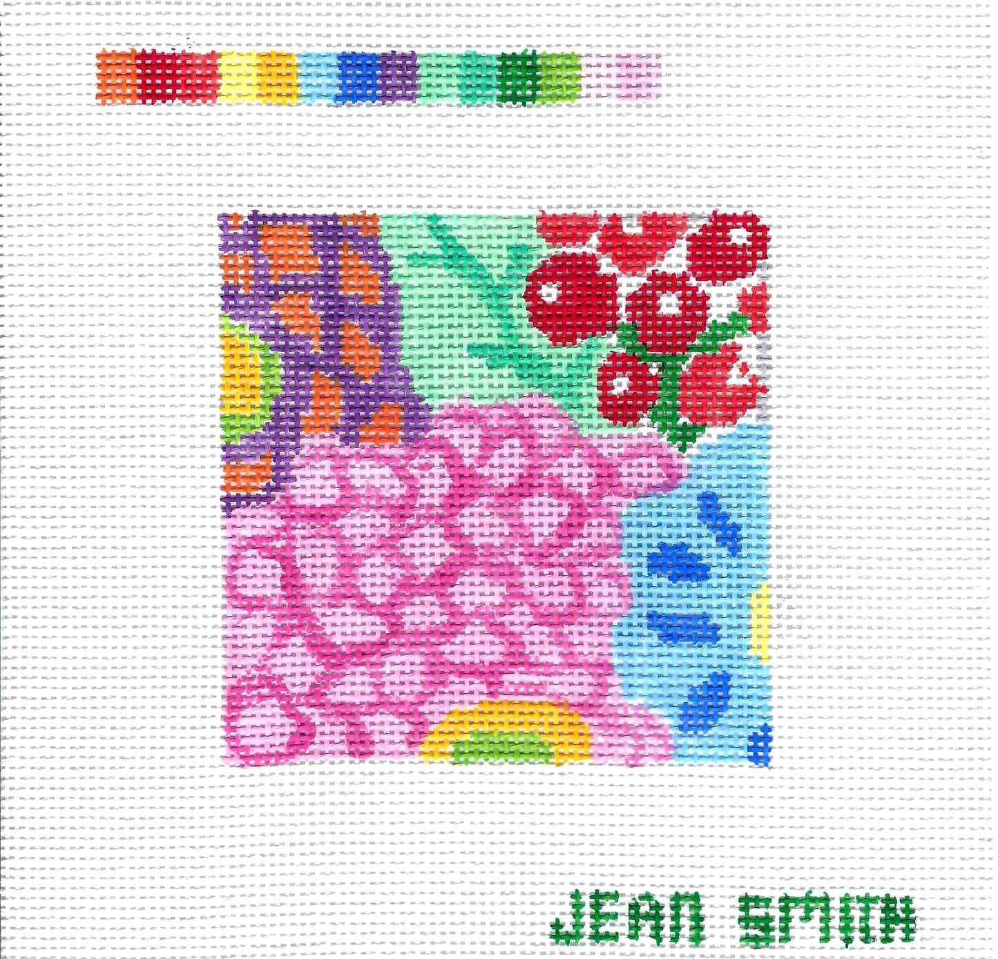 Coaster ~ Fantasy Garden #4 is a 4" Sq. Coaster handpainted on 13 mesh Needlepoint Canvas from Jean Smith