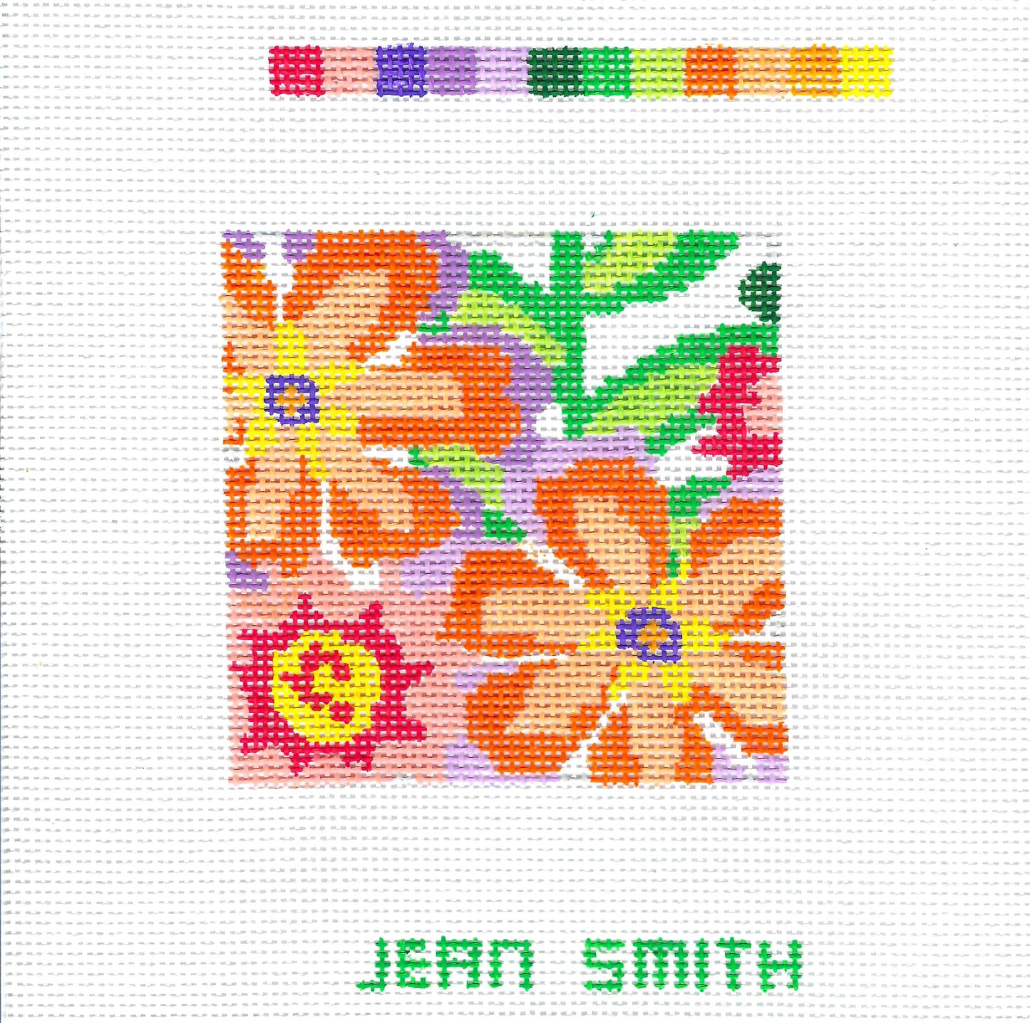 Coaster ~ Fantasy Garden #6  ~ Floral 4" Sq. handpainted 13 mesh Coaster Needlepoint Canvas by Jean Smith Designs