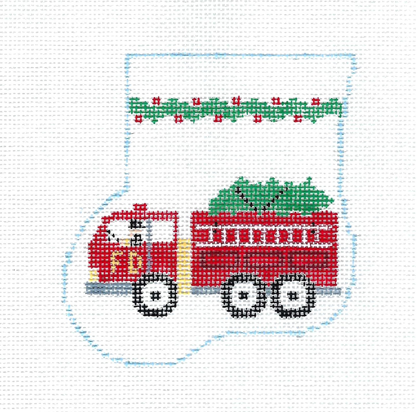 Canvas SET ~ Christmas Fire Engine & Felt Dog handpainted Needlepoint Needlepoint Mini Stocking SET by Kathy Schenkel