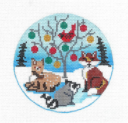 Forest Friends Christmas Tree 4" Ornament handpainted 18 Mesh Needlepoint Canvas by Alice Peterson