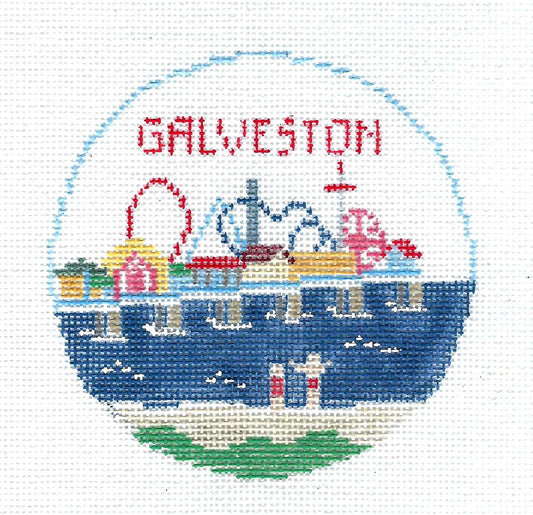 Travel Round ~ GALVESTON, TEXAS  4" Rd. 18 mesh handpainted Needlepoint Canvas Ornament by Kathy Schenkel