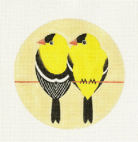 BIRDS ~ GOLDFINCH BIRDS PAIR handpainted 4.5" Needlepoint Canvas from Suzie Vallerie