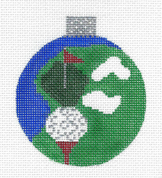 Golf Ball on the Green 3.5" Ornament handpainted on 18 Mesh  Needlepoint Canvas by Whimsy and Grace