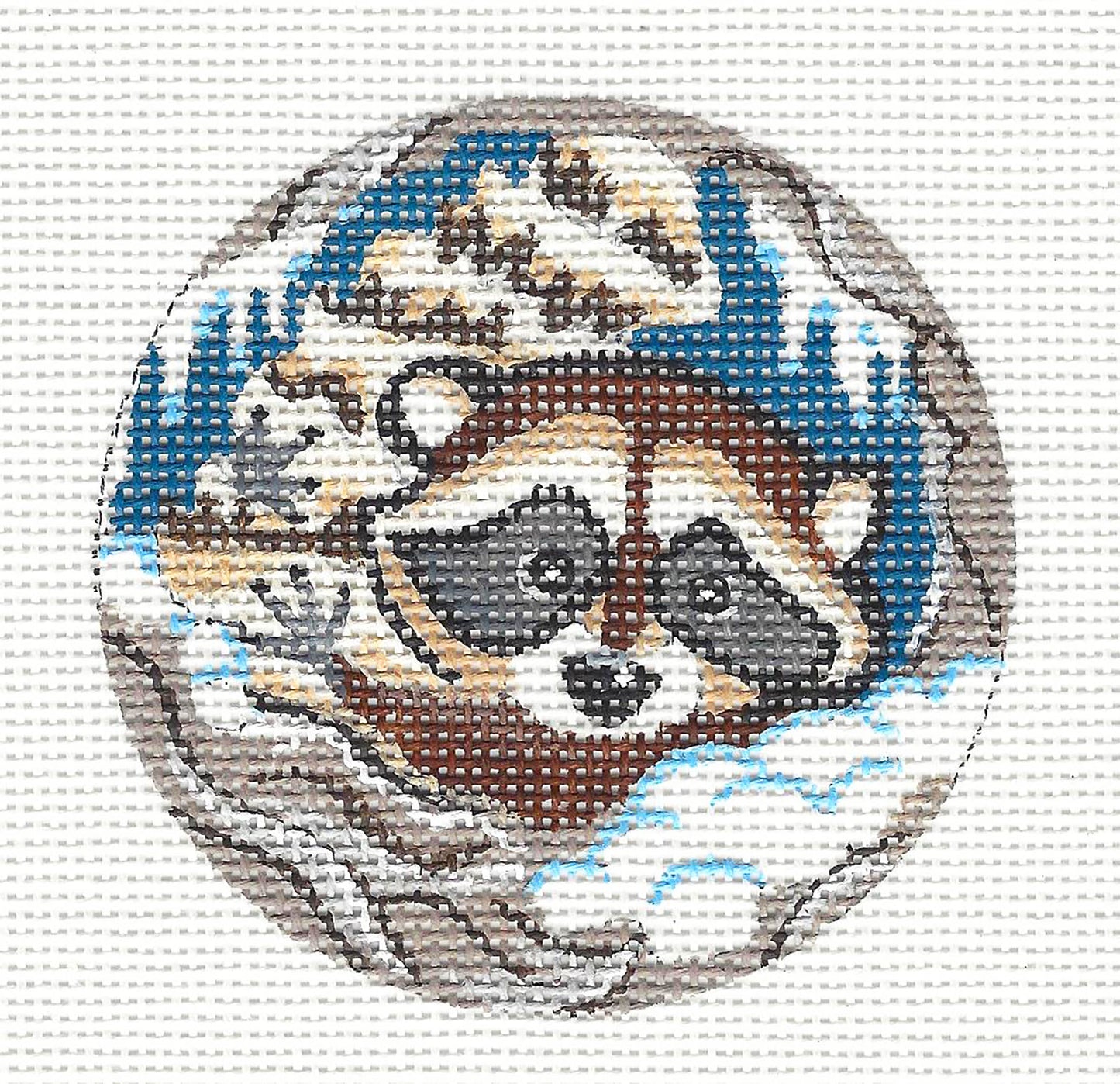 Baby Raccoon Ornament Handpainted 3" Rd. 18 Mesh Needlepoint Canvas by Kamala from Juliemar/PLD Designs