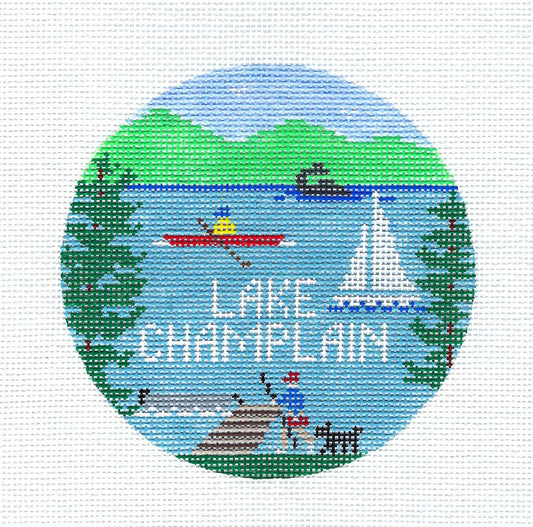 Travel Round ~ LAKE CHAMPLAIN, between NEW YORK and VERMONT handpainted 18 Mesh  4.0" Round Needlepoint Ornament by Doolittle