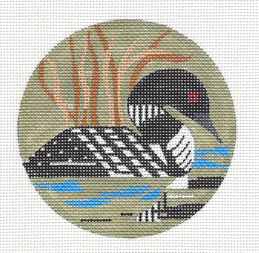 Bird Canvas ~ Elegant LOON in the Marsh handpainted 18 mesh 4" Rd. Needlepoint Ornament by Melissa Prince