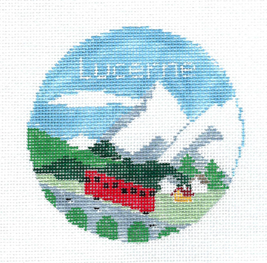 Travel Round ~ Lucerne, Switzerland 18 Mesh 4" Round handpainted Needlepoint Canvas by Kathy Schenkel