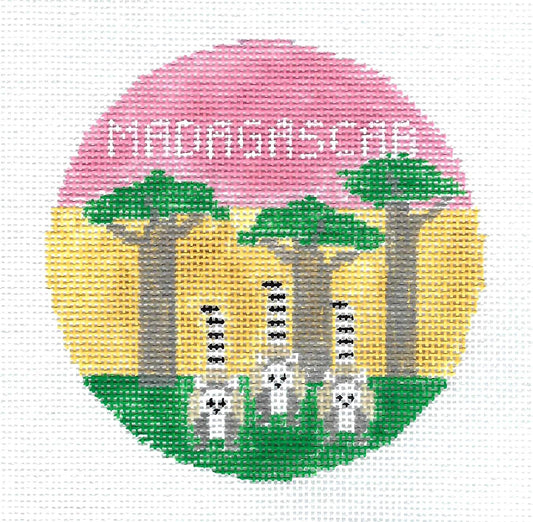 Travel Round ~ Madagascar 4" Rd. 18 mesh handpainted Needlepoint Canvas Ornament by Kathy Schenkel