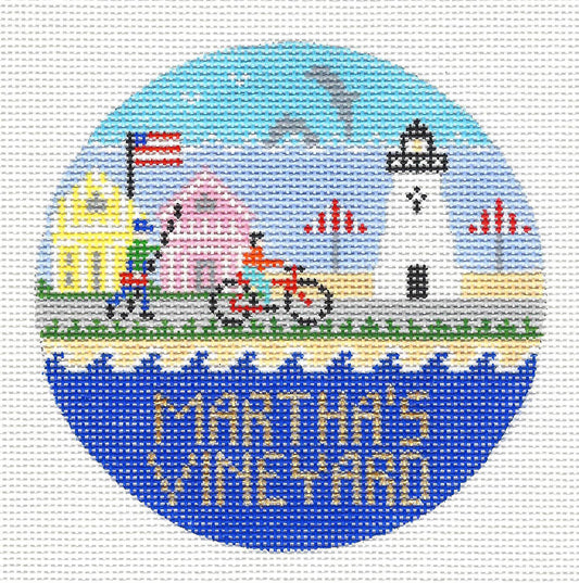 Martha's Vineyard Island, Massachusetts 18 Mesh 4" Round Ornament handpainted Needlepoint Canvas by Doolittle