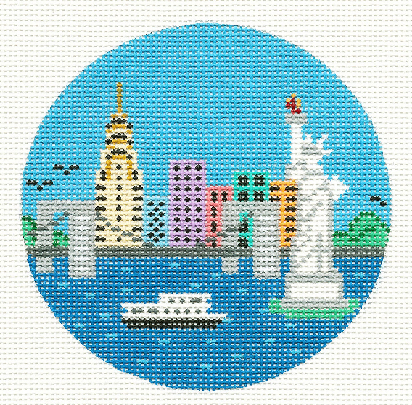 Travel Round ~ NEW YORK CITY, New York handpainted 4" 18 Mesh Needlepoint Ornament Canvas by Painted Pony