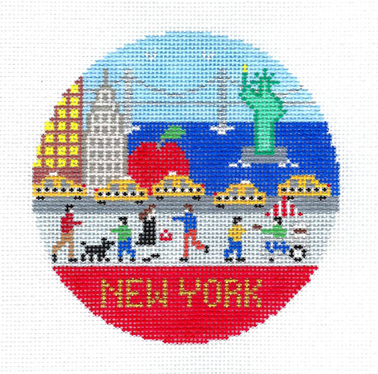 Travel Round ~ New York, New York handpainted 18 Mesh 4" Round Needlepoint Ornament by Doolittle