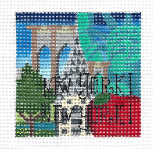 NEW YORK, NEW YORK handpainted 5" Square  18 Mesh Needlepoint Canvas by Raymond Crawford