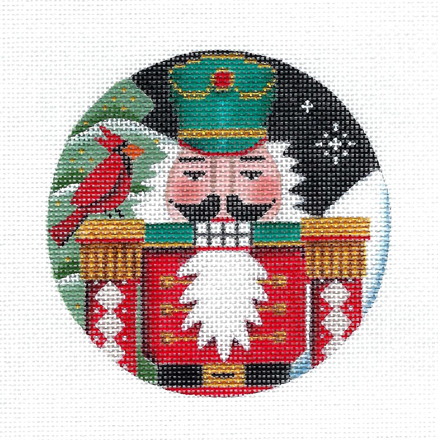 Christmas ~ Regal Night Nutcracker with Cardinal handpainted 18 Mesh 4" Rd. Needlepoint Ornament Canvas by Rebecca Wood