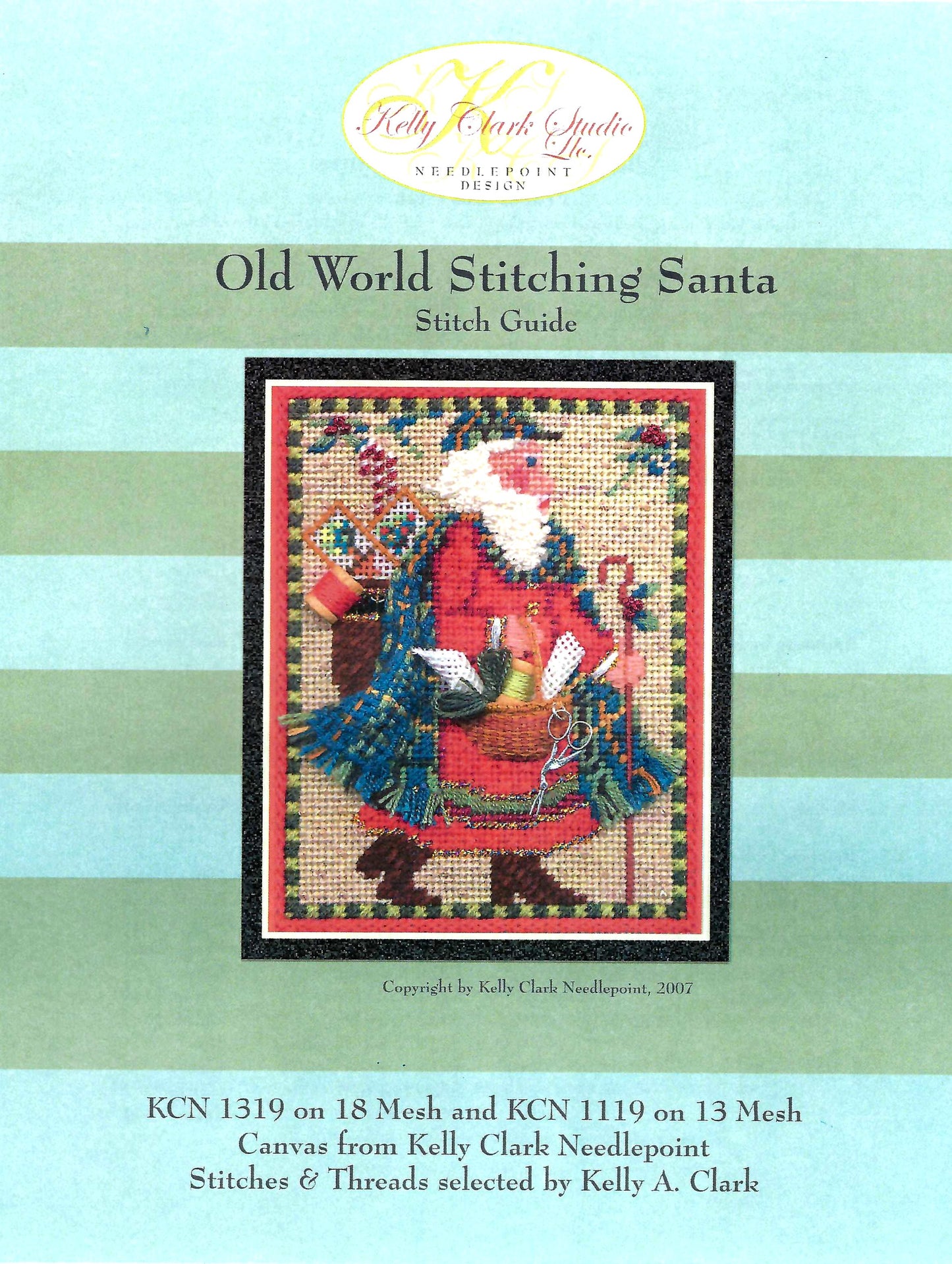 Kelly Clark ~ Elegant Old World STITCHING SANTA CLAUS & Stitch Guide SET handpainted 18 Mesh Needlepoint Canvas by Kelly Clark