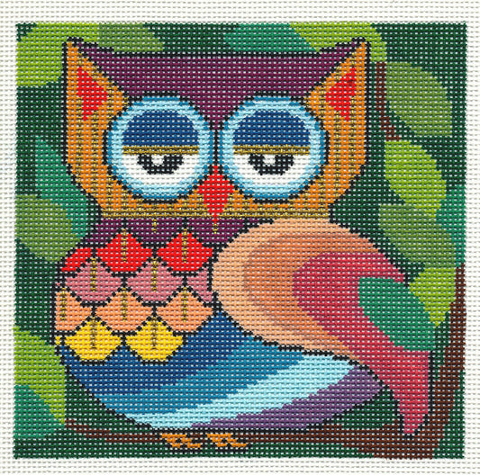 What R U Looking At OWL  Handpainted  5" Square Needlepoint Ornament Canvas by JP Needlepoint