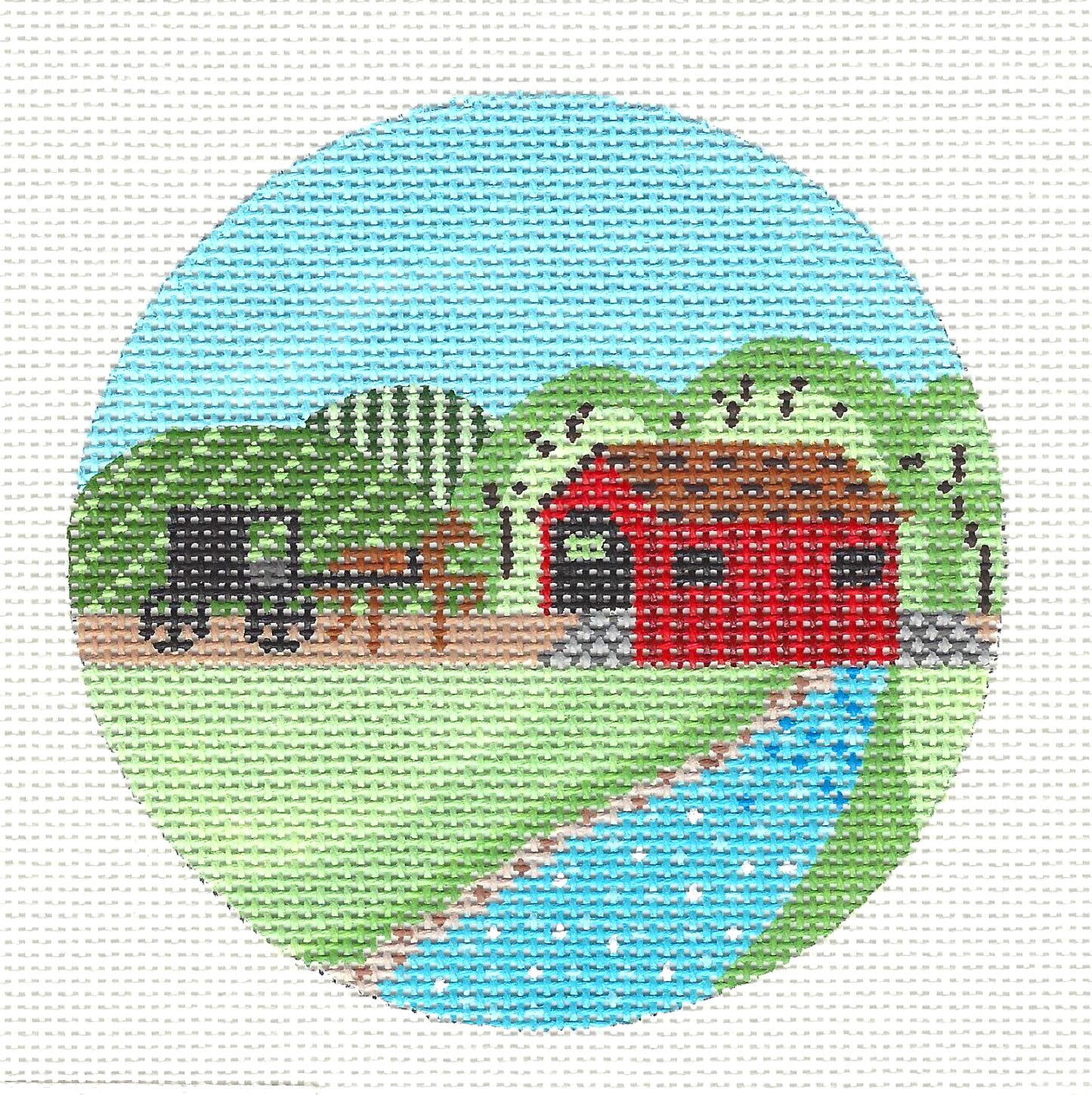 Travel Round ~ "Amish Horse & Buggy" & Covered Bridge handpainted 4" round 18 Mesh Needlepoint Canvas by Painted Pony