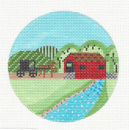 Travel Round ~ "Amish Horse & Buggy" & Covered Bridge handpainted 4" round 18 Mesh Needlepoint Canvas by Painted Pony