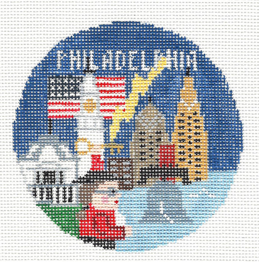 Travel Round ~ Philadelphia, Pennsylvania 4" handpainted 18 Mesh Needlepoint Canvas by Kathy Schenkel