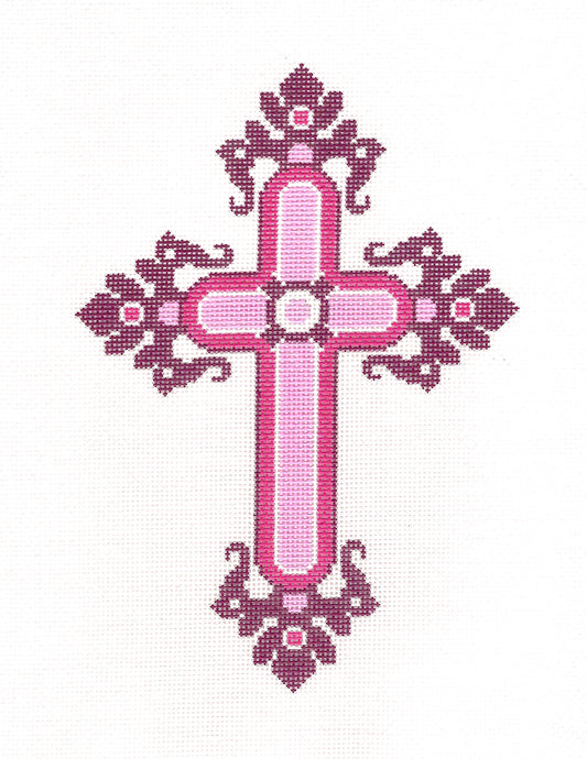 Cross ~ Elegant 7" Tall  PINK, BURGUNDY & WHITE CROSS handpainted Needlepoint Canvas by LEE