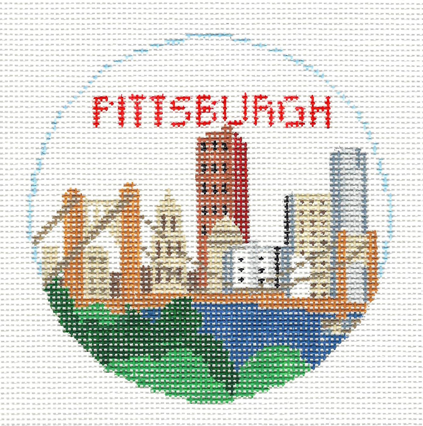 Travel Round ~ Pittsburgh, Pennsylvania handpainted 18 Mesh Needlepoint Canvas by Kathy Schenkel