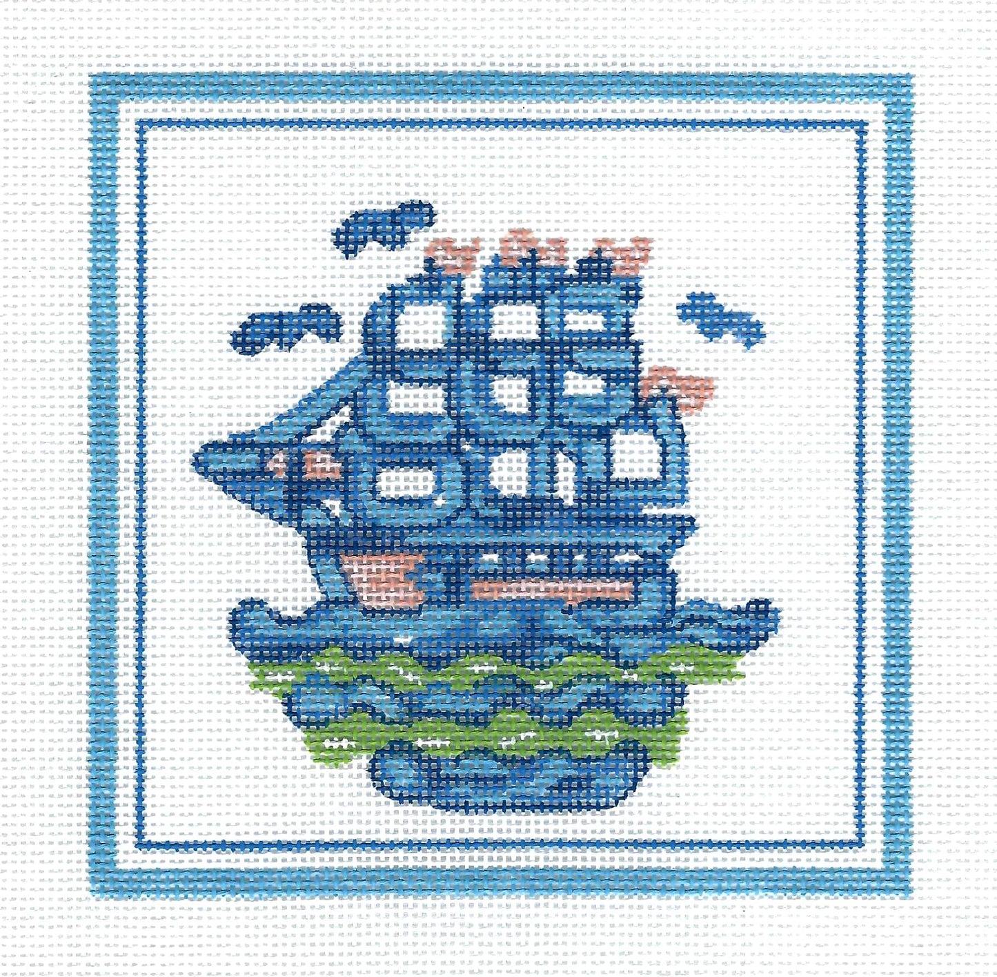 Hadley Pottery ~ Sailing Ship handpainted 18 Mesh Needlepoint Canvas 5"x 5" SQ. by Silver Needle