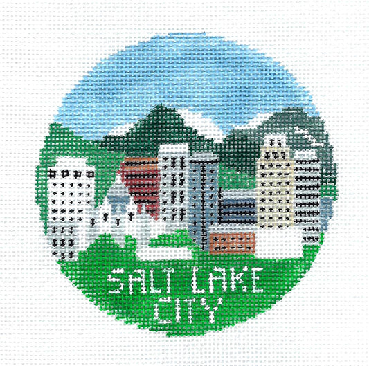 Travel Round ~ SALT LAKE CITY, UTAH  4" Rd. 18 mesh handpainted Needlepoint Canvas Ornament by Kathy Schenkel