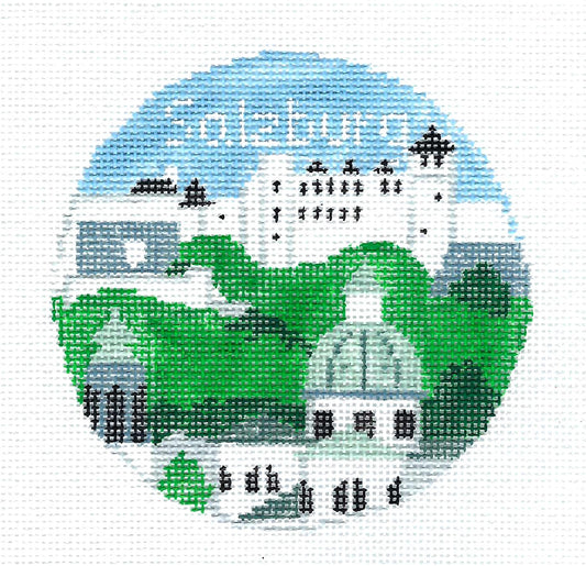 Travel Round ~ Salzburg, Austria 18 Mesh 4" Round handpainted Needlepoint Canvas by Kathy Schenkel