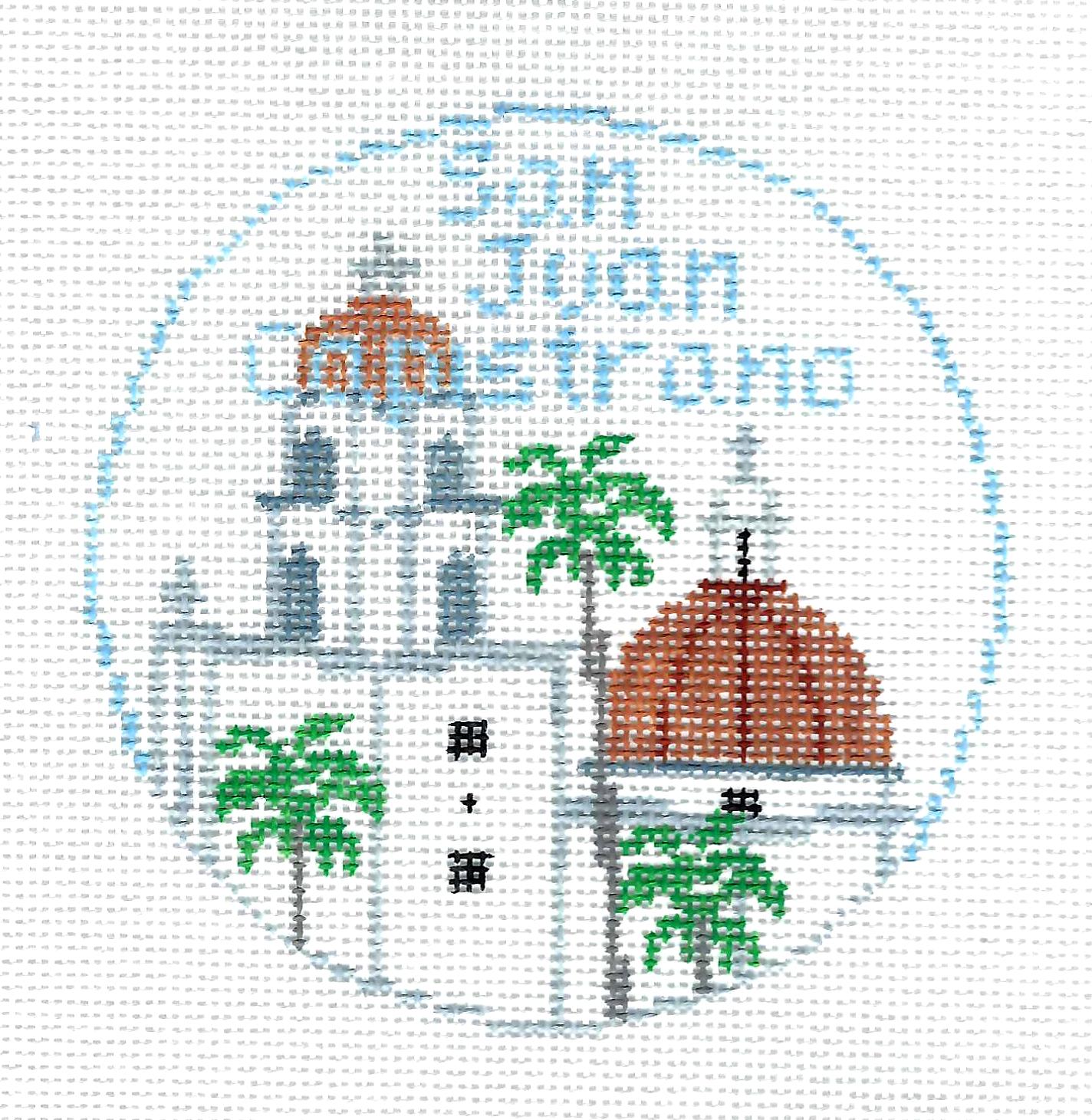 Travel Round ~ San Juan Capistrano  4" Rd. handpainted 18 mesh Needlepoint Canvas by Kathy Schenkel