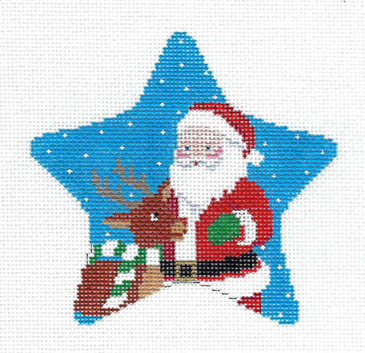 Christmas STAR ~ Santa & Rudolph STAR handpainted 18 Mesh Needlepoint Ornament Canvas by Susan Roberts