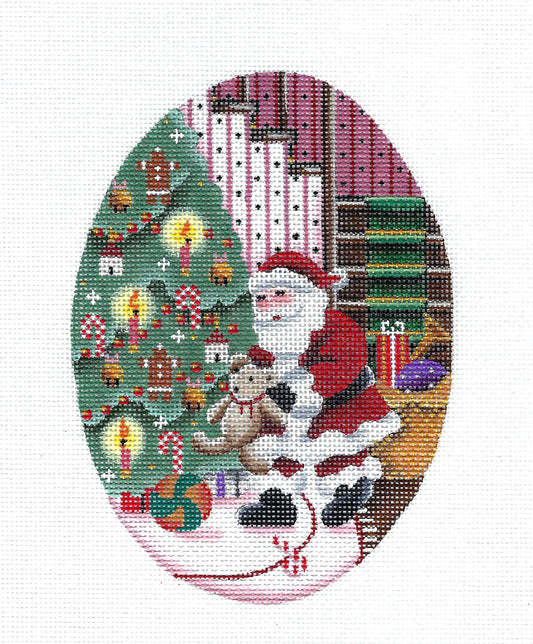 OVAL ~ Santa by the Christmas Tree LG. 6.25" Oval handpainted 18 mesh Needlepoint Canvas by Rebecca Wood