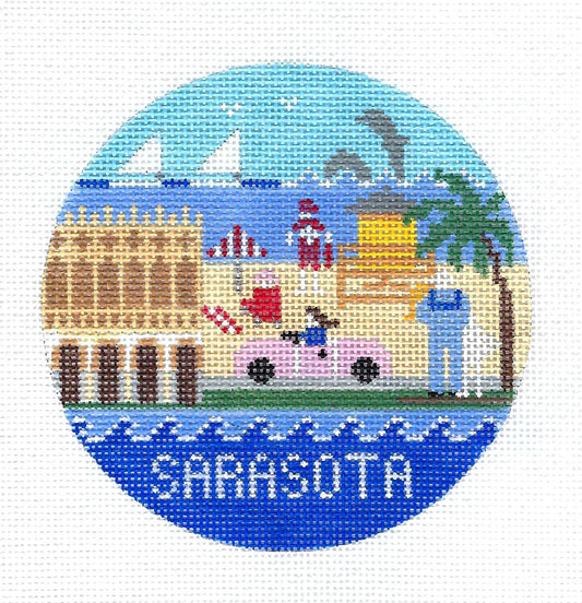 Travel Round ~ Sarasota, Florida, West Coast handpainted 18 Mesh 4" Round Needlepoint Ornament by Doolittle