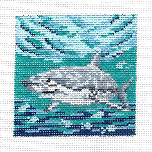 SHARK IN THE SURF handpainted 4" Square 13 Mesh Needlepoint Canvas by Needle Crossings