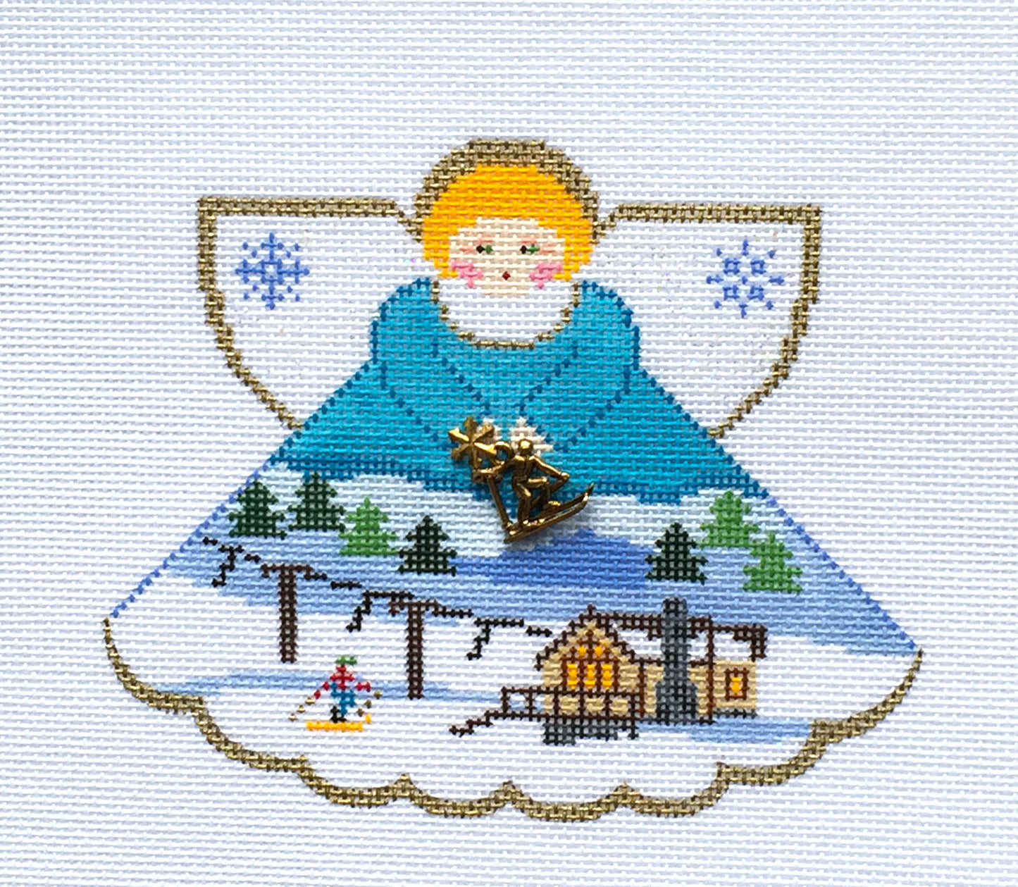 Angel ~ Ski Resort Angel & Charms handpainted 18 Mesh Needlepoint Ornament Canvas by Painted Pony