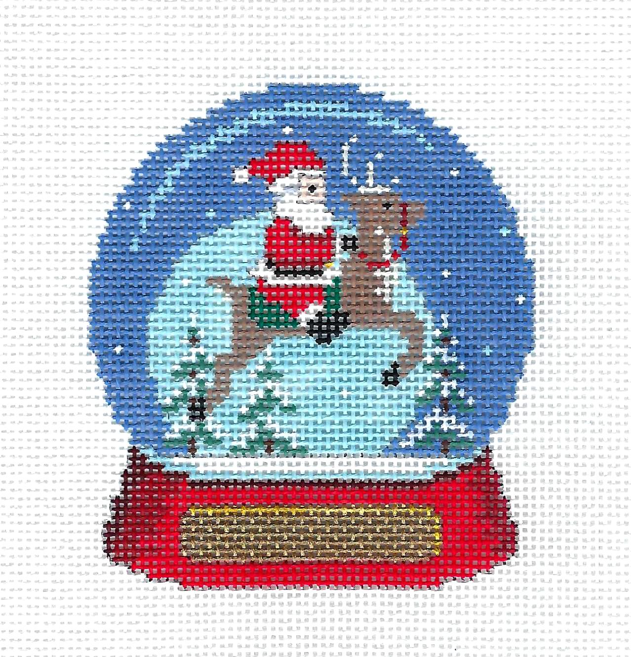 Snow Globe Christmas ~ SANTA Riding a Reindeer SNOW GLOBE handpainted Needlepoint Canvas Ornament by Susan Roberts